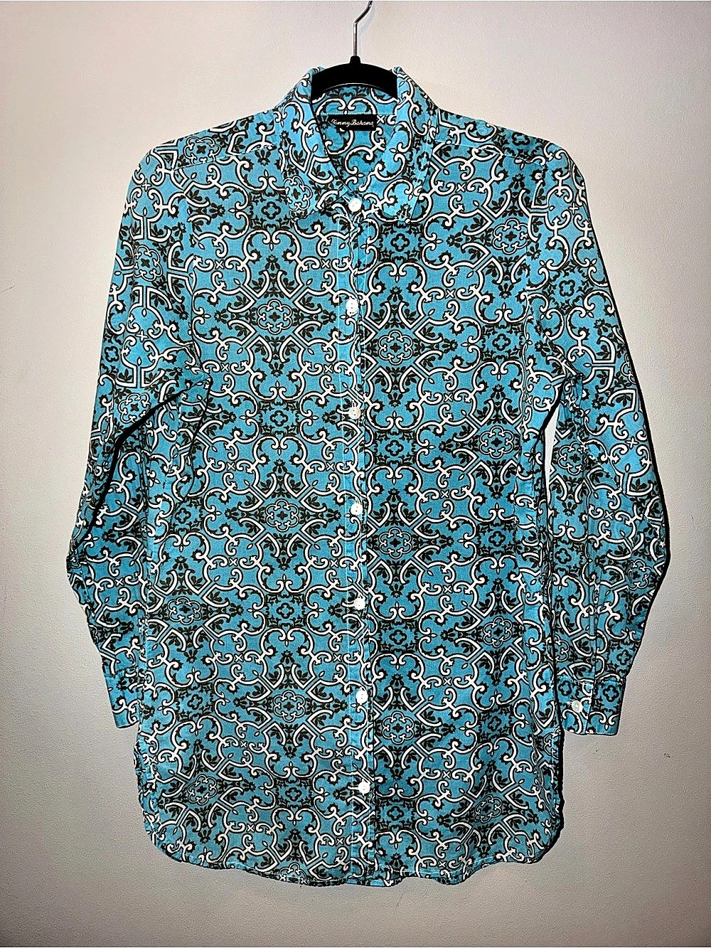 Tommy Bahama Women Turquoise Blue Green Damask Scroll Cotton Button Up Shirt M